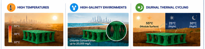 正在上传... Illustration of YY.Tank stormwater modules overcoming GCC environmental challenges: high temperatures, high salinity, and thermal cycling.