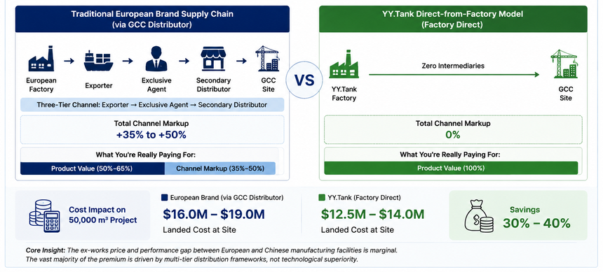 正在上传... Infographic comparing YY.Tank direct-from-factory stormwater systems with European brands, showing 30% cost savings for GCC projects.