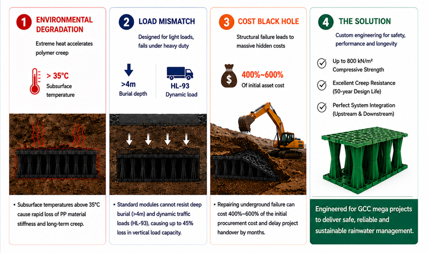 Infographic explaining why standard PP stormwater modules fail in Middle East mega projects and YY-TANK's 800 kN/m2 custom solution.