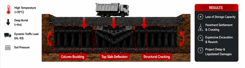 Structural failure analysis of standard PP rainwater modules: column buckling and top slab deflection caused by Middle East >35°C soil temperatures and heavy HL-93 traffic surcharges.