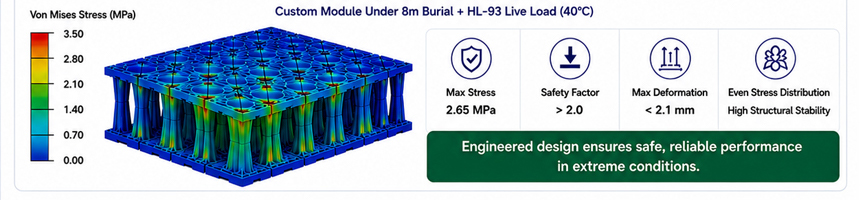 3D FEA stress contour map of YY-TANK custom stormwater module under 8m burial and HL-93 live load at 40°C, proving max deformation < 2.1 mm.