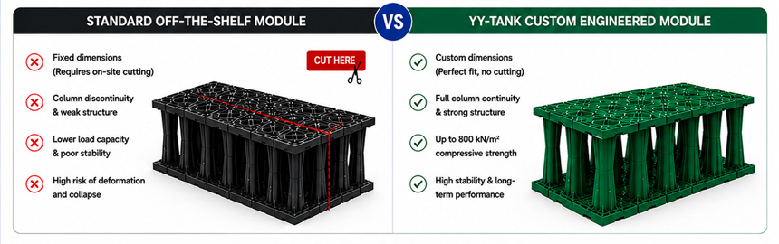 Comparison showing standard stormwater modules weakened by on-site cutting versus YY-TANK custom engineered modules with full column continuity and 800 kN/m² compressive strength.