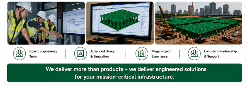 Comprehensive engineering support for GCC rainwater mega-projects, showcasing YY-TANK's custom structural optimization replacing standard off-the-shelf commodities.