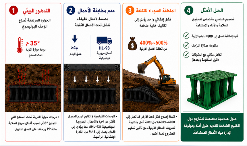 أسباب الانهيار الهيكلي لوحدات تجميع وتصريف مياه الأمطار القياسية المصنوعة من البولي بروبيلين (PP) في مشاريع البنية التحتية العملاقة في الشرق الأوسط.وحل YY-TANK الهندسي المخصص، والذي يتميز بقدرة تحمل رأسية فائقة تصل إلى 85 طناً ونسبة فراغ تبلغ 92%.