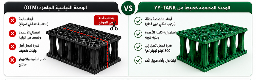 مقارنة بين الوحدات التقليدية لتجميع مياه الأمطار بعد القص الموقعي والوحدات الهندسية المخصصة من YY-TANK ذات استمرارية الأعمدة الكاملة ومقاومة ضغط تبلغ 800 كيلو نيوتن/م².