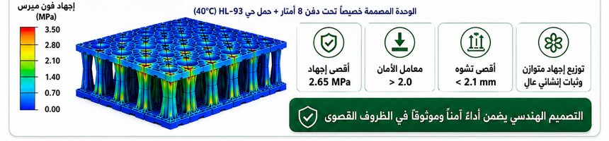 خريطة توزيع الإجهاد ثلاثية الأبعاد (FEA) لوحدة YY-TANK المخصصة لتجميع مياه الأمطار تحت عمق دفن 8 أمتار وحمل مروري HL-93 عند درجة حرارة 40°C، مع إثبات أن أقصى تشوه لا يتجاوز 2.1 مم.