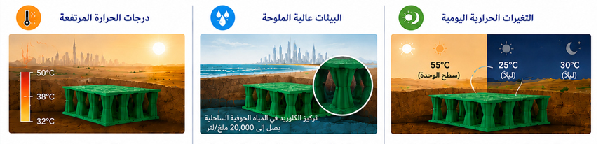 undefined رسم توضيحي يبيّن كيفية تمكّن وحدات YY-TANK لتجميع مياه الأمطار من مواجهة التحديات البيئية في دول الخليج، بما في ذلك درجات الحرارة المرتفعة، والملوحة العالية، ودورات التمدد والانكماش الحراري.