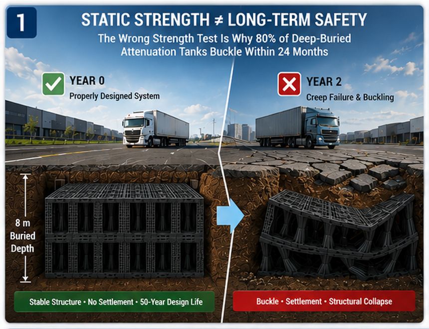 Deep buried stormwater attenuation tank comparison showing stable modified polypropylene modules versus structural buckling caused by long-term creep deformation under heavy-duty traffic loading
