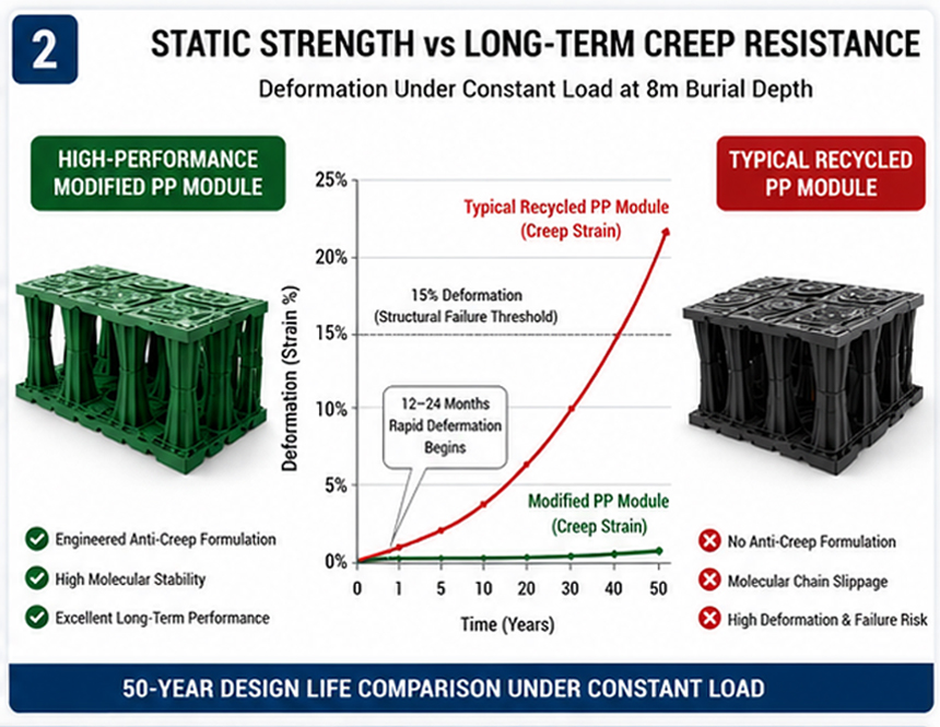 Static strength versus long-term creep resistance comparison of stormwater attenuation modules showing modified polypropylene performance over a 50-year design life