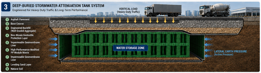 Cross-section of a deep buried stormwater attenuation tank system with modified polypropylene modules, geotextile protection, geomembrane liner and heavy-duty traffic load distribution