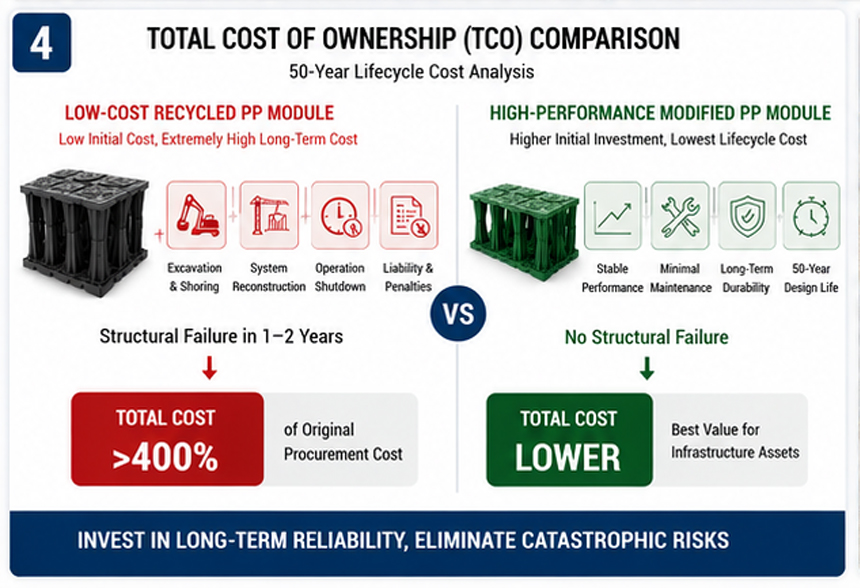 Total cost of ownership comparison between recycled polypropylene stormwater modules and high-performance modified polypropylene attenuation tank systems