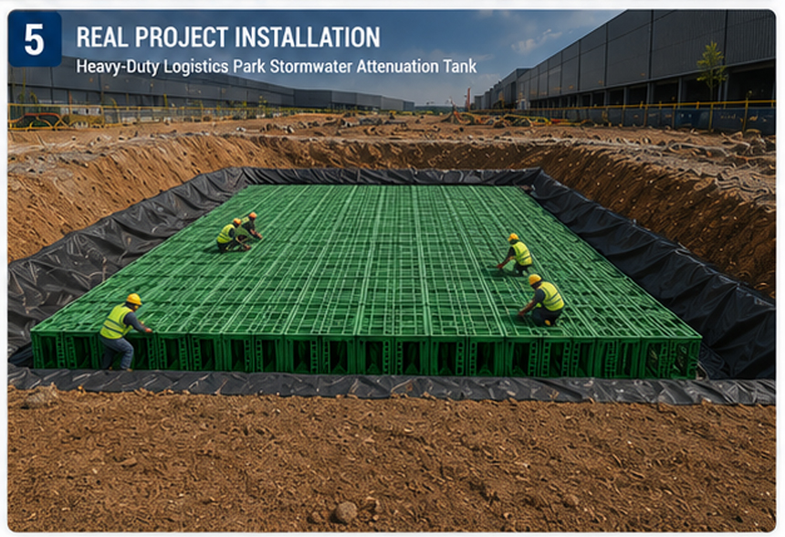 Heavy-duty modified PP stormwater attenuation tank installation with interlocking structure under deep burial conditions