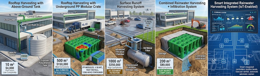 正在上传... 3D comparison of 4 commercial rainwater storage systems: underground PP crates, above-ground steel tanks, polyethylene tanks & concrete cisterns