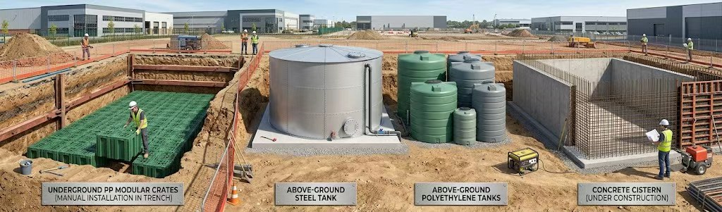 正在上传... Construction comparison of 4 commercial rainwater storage systems: underground PP modular crate, above-ground steel tank, polyethylene tank, concrete cistern for factory rain harvesting projects
