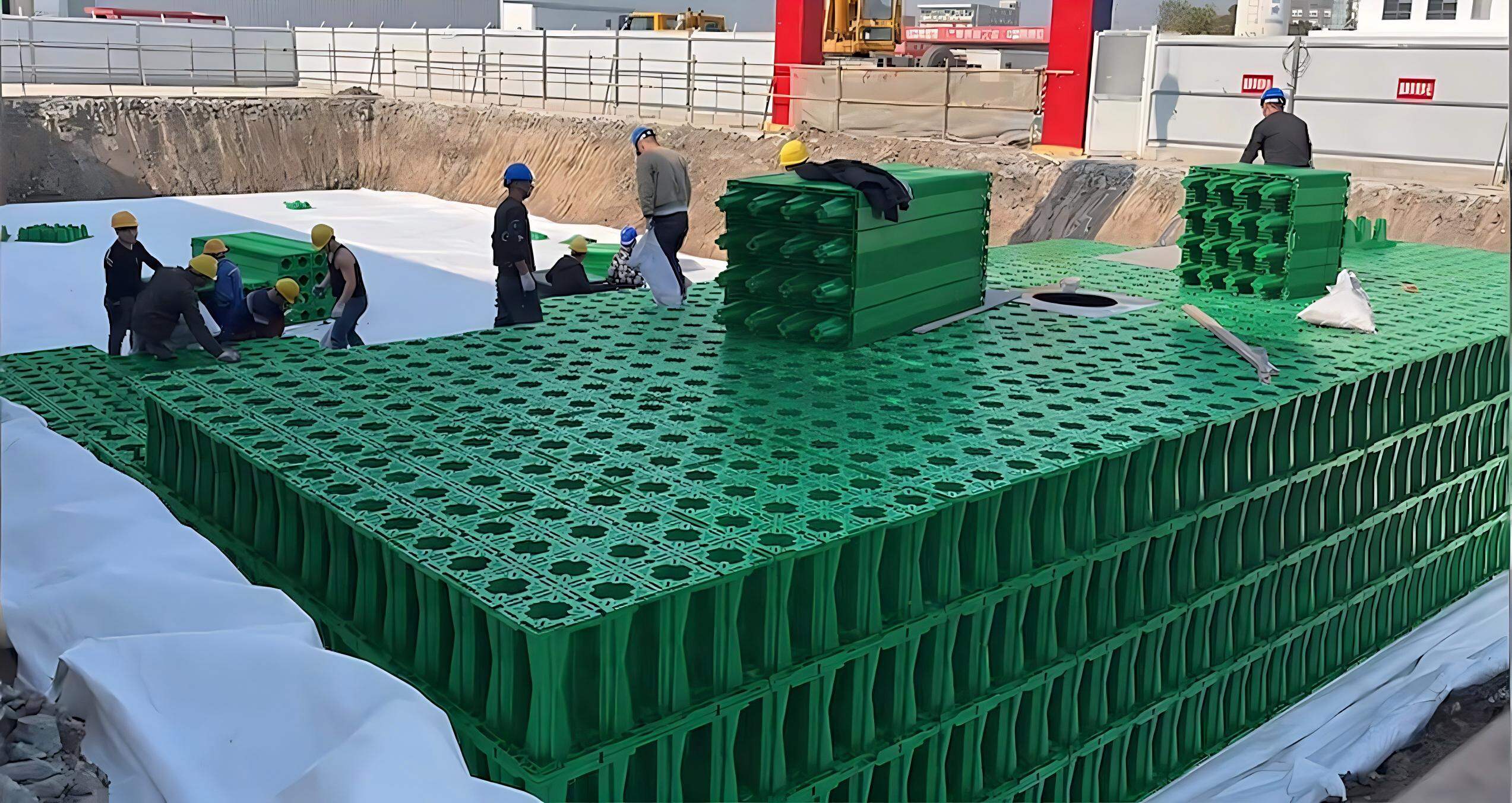 现场铺设土工布防渗层后安装绿色塑料模块化蓄水模块,构建城市雨水管理系统