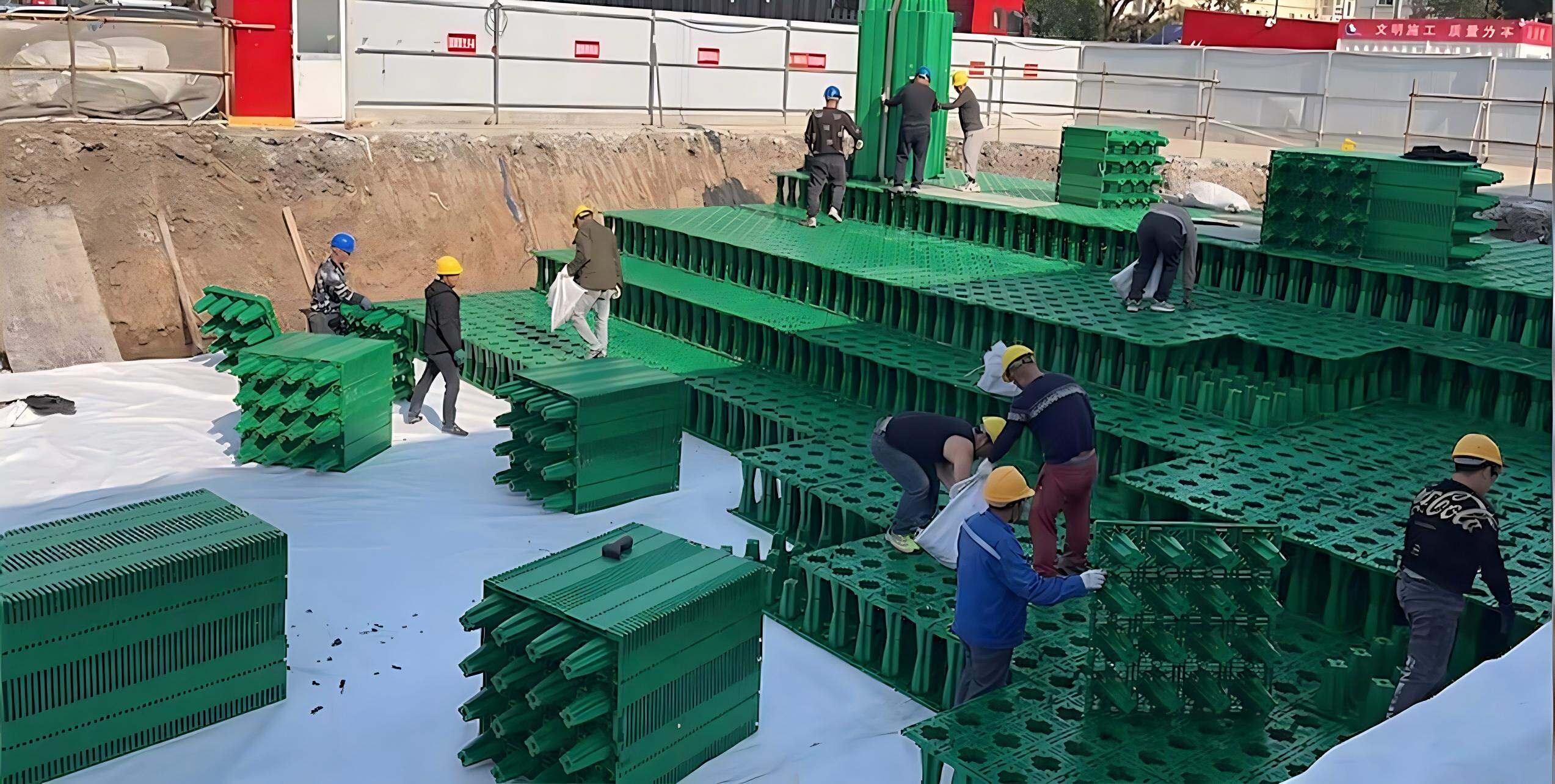 施工人员现场阶梯式拼装绿色塑料蓄水模块,用于景观雨水滞留