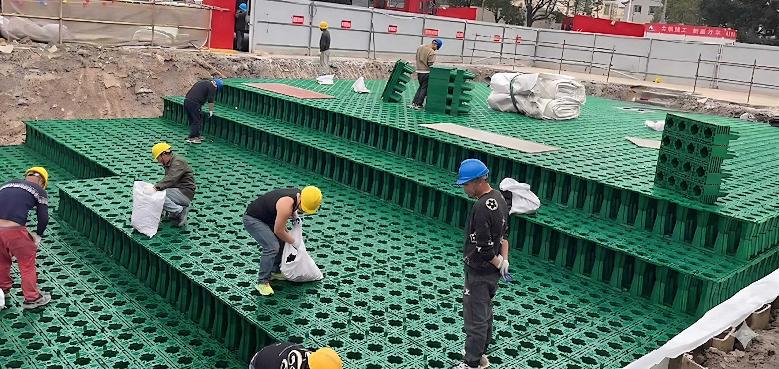 绿色塑料蓄水模块现场铺设并互锁拼装,建成地下景观雨水滞留池