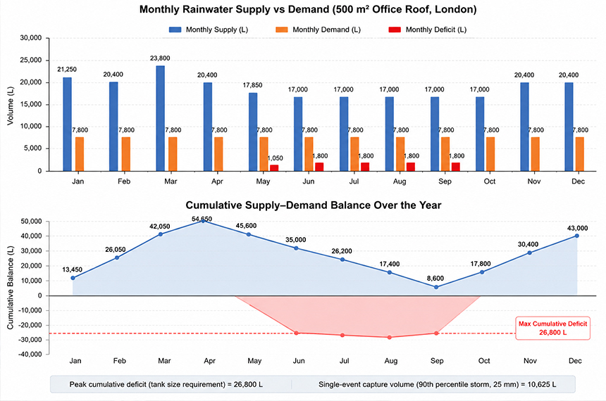 正在上传... Bar chart of monthly rainwater supply (blue) vs demand (orange) for a 500 m² London office roof, with cumulative deficit curve (red) peaking at 26,800 L in September; single-event capture volume from a 25 mm storm is 10,625 L. Chart supports the worked example tank size calculation.