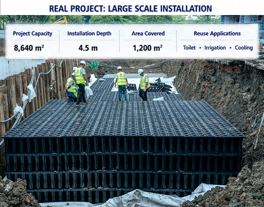 Large scale underground PP modular rainwater recovery system installation for commercial water reuse and stormwater management project