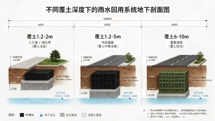 不同覆土深度下雨水回用系统地下剖面图，覆盖人行道、市政道路、重载道路三种场景，展示800型、1000型、1200型PP模块蓄水池、碎石垫层、混凝土垫层与地下水位布置