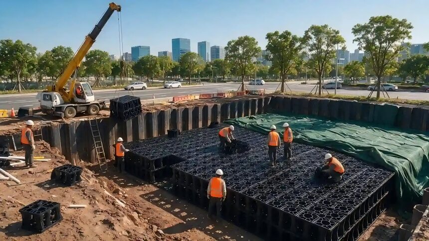 海绵城市雨水调蓄池施工现场实拍，工人组装黑色PP蓄水模块，汽车吊吊运模块构件，基坑内开展市政地下雨水收集设施建设