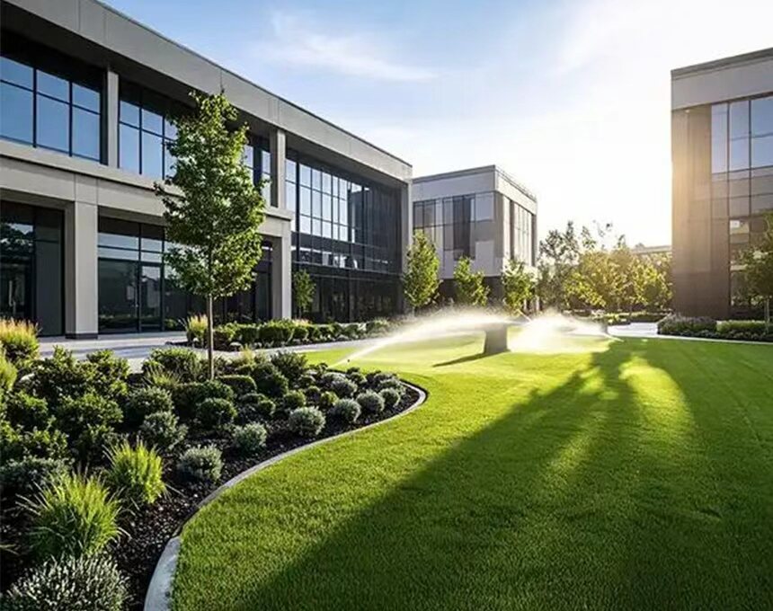 Automated irrigation system watering a commercial landscape with harvested rainwater