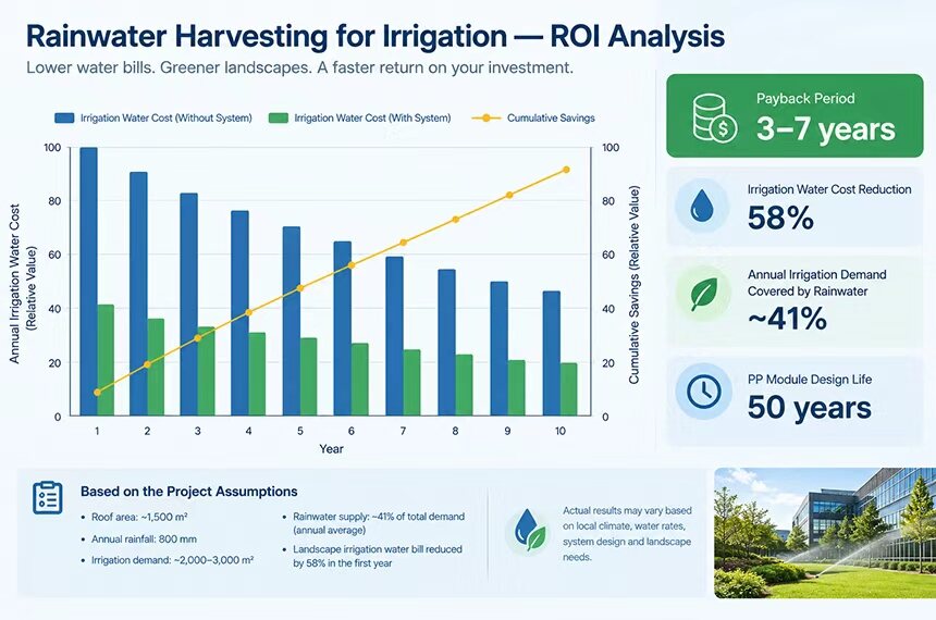 Rainwater harvesting for irrigation ROI analysis showing 58% water cost reduction, 41% annual irrigation demand coverage, and a 3–7 year payback period