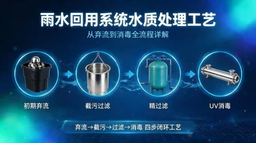 正在上传... 展示弃流→截污→精过滤→消毒的完整流程,标注每步的设备名称和关键参数