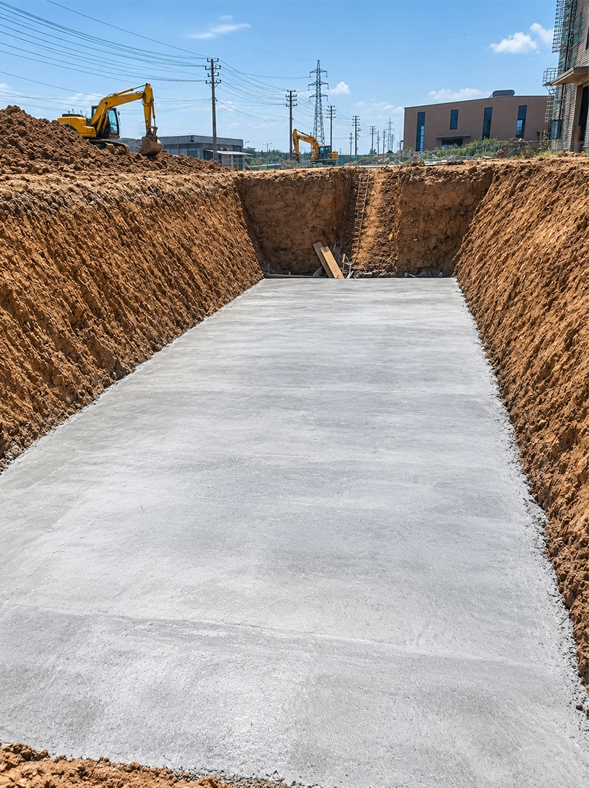 正在上传... Excavated foundation pit with a level concrete base slab prepared for an underground rainwater harvesting system
