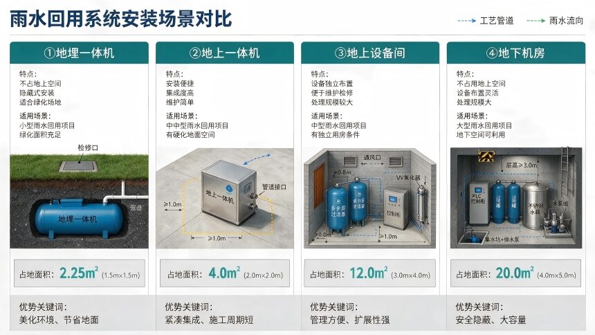 正在上传... 四种雨水回用系统安装场景全景对比示意图——地埋一体机/地上一体机/设备间/地下机房
