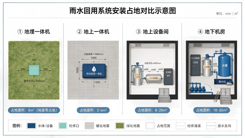 正在上传... 四种安装场景的平面布局对比图——标注占地面积和设备位置关系