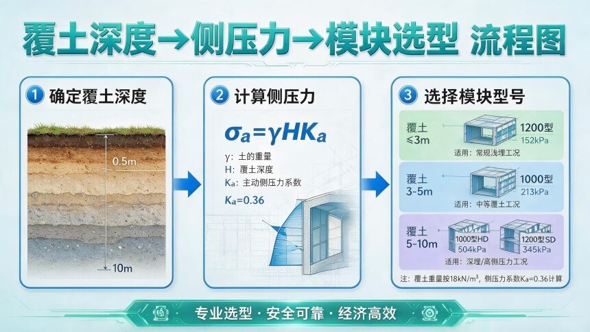 正在上传... 模块选型逻辑流程图,展示了“覆土深度→侧压力计算→锁定模块型号”的三个递进步骤。