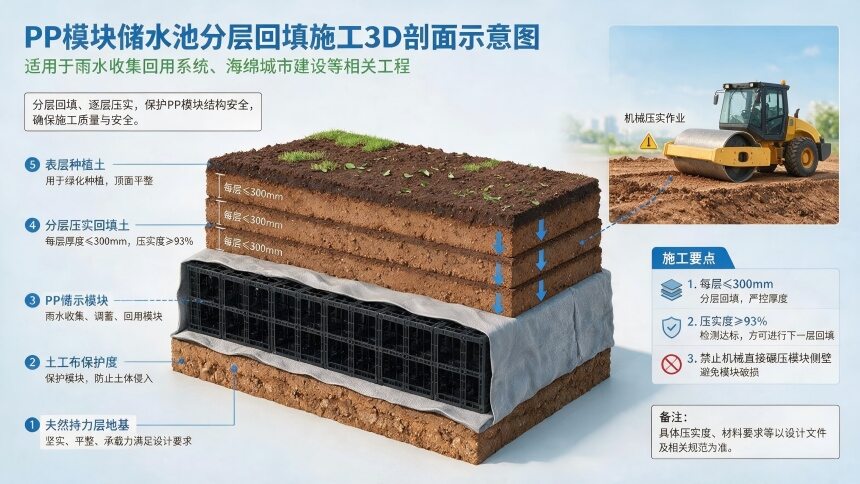 正在上传... 分层回填施工剖面图,展示了每层回填厚度≤300mm、压实处理以及起保护作用的土工布层。