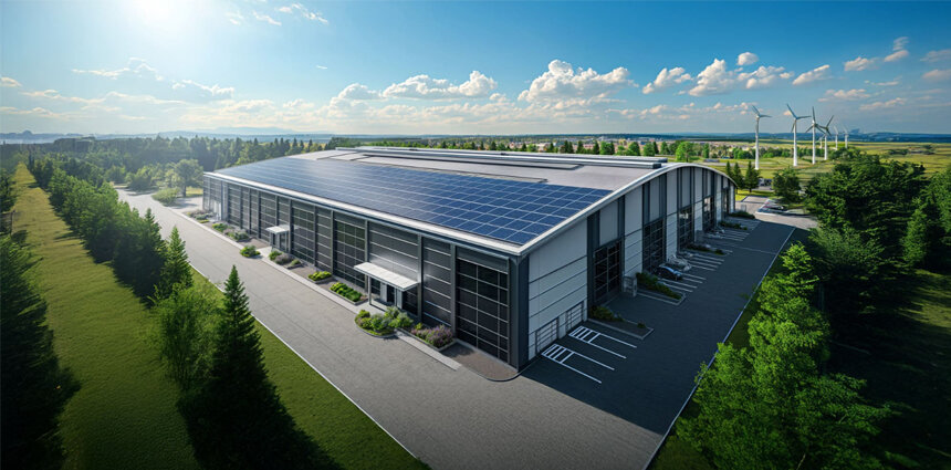 Modern industrial park and large-scale logistics warehouse exterior with green surrounding infrastructure, illustrating massive commercial rooftop catchment areas for rainwater harvesting