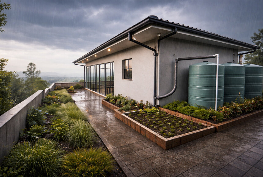 Modern commercial building roof rainwater harvesting system with downspouts and eco-friendly storage tanks