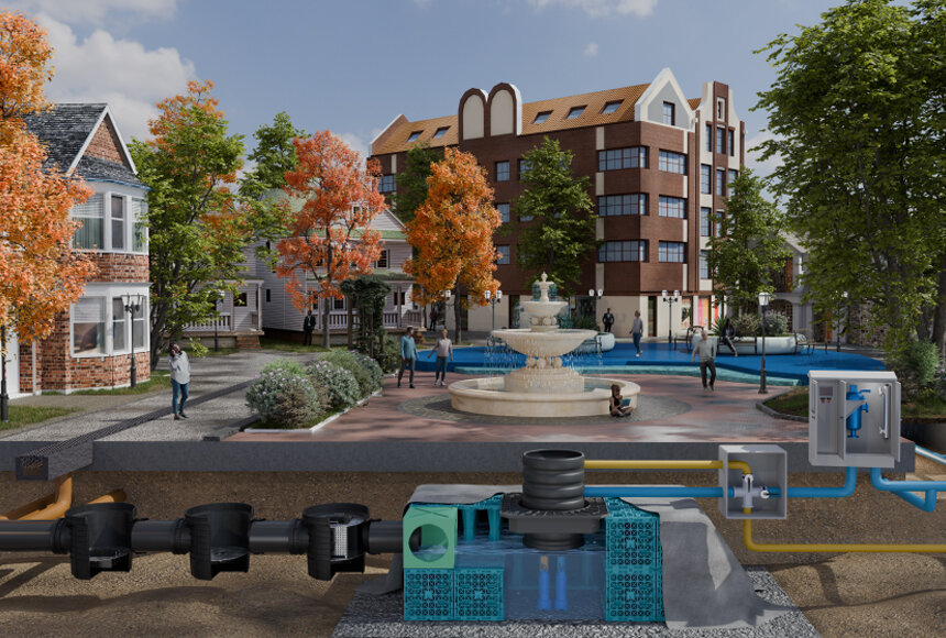 Underground modular stormwater attenuation and rainwater harvesting tank matrix showing high-capacity commercial scale storage beneath a landscaped surface