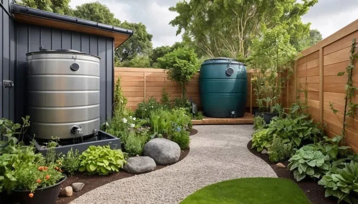 Dos depósitos de polietileno para agua de lluvia instalados en superficie junto a una casa en un jardín ajardinado, conectados a un bajante para el riego del jardín Dos depósitos de polietileno para agua de lluvia instalados en superficie junto a una casa en un jardín ajardinado, conectados a un bajante para el riego del jardín