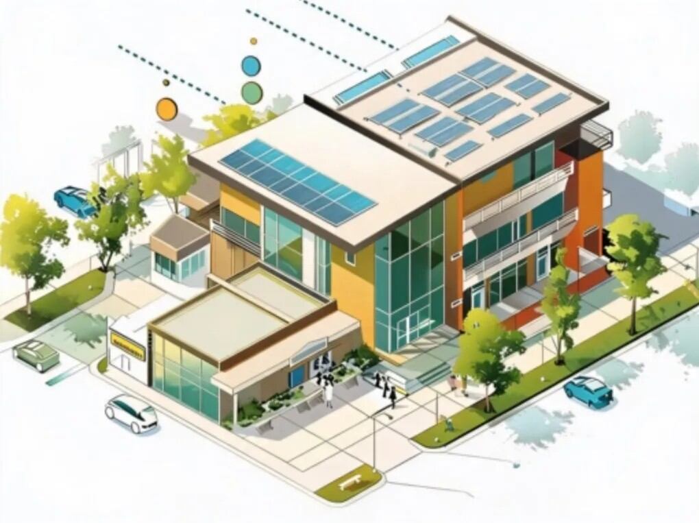 Isometrische Illustration eines Bürogebäudes mit großer Flachdach-Auffangfläche, Solarpaneelen auf dem Dach, Landschaftsgestaltung und Parkflächen — die Dachfläche und die befestigten Flächen, die einen Regenwasserspeichertank speisen Isometrische Illustration eines Bürogebäudes mit großer Flachdach-Auffangfläche, Solarpaneelen auf dem Dach, Landschaftsgestaltung und Parkflächen — die Dachfläche und die befestigten Flächen, die einen Regenwasserspeichertank speisen